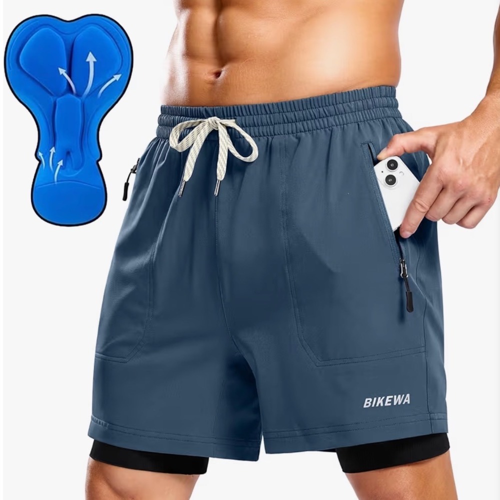 Bikewa Mens Cycling Shorts 2-in-1 Padded Blue 4D Cushion Bike Shorts Large